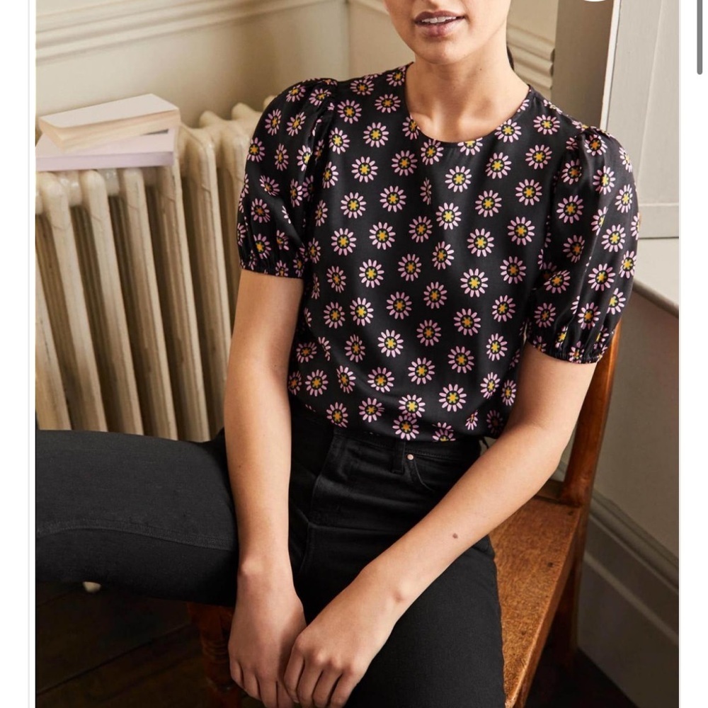 BODEN Adriana Puff Sleeve Top Daisy Black Pink Short Sleeve Keyhole Back 6 NEW